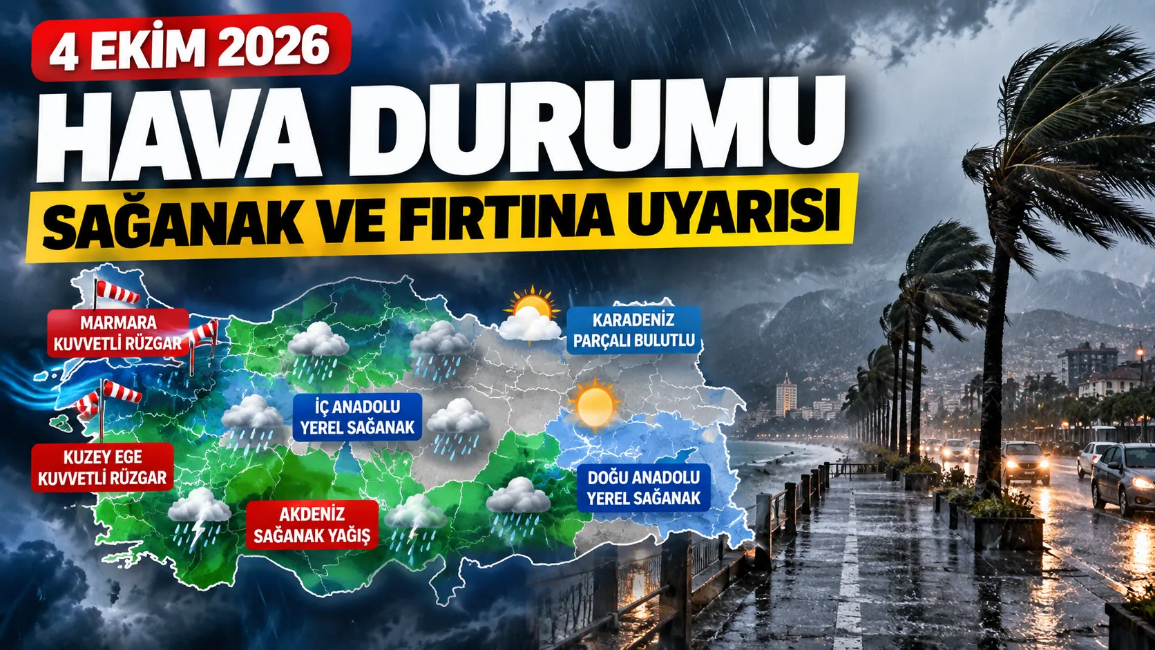 4 Ekim 2026 hava durumu için sağanak yağış ve kuvvetli rüzgar uyarısı