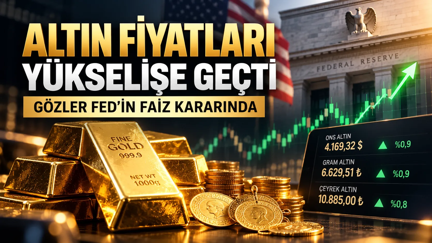 Altın külçeleri ve yükseliş grafiği eşliğinde küresel altın piyasasındaki fiyat hareketleri
