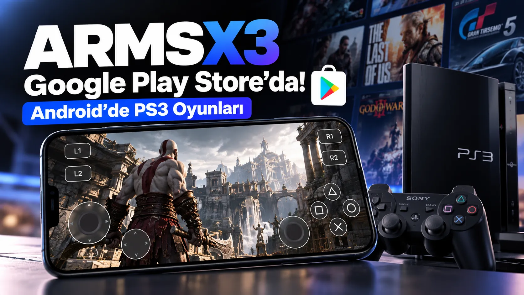 ARMSX3 Android PS3 emülatörünün Google Play Store üzerinden sunulmasını ve mobil oyun deneyimini anlatan görsel