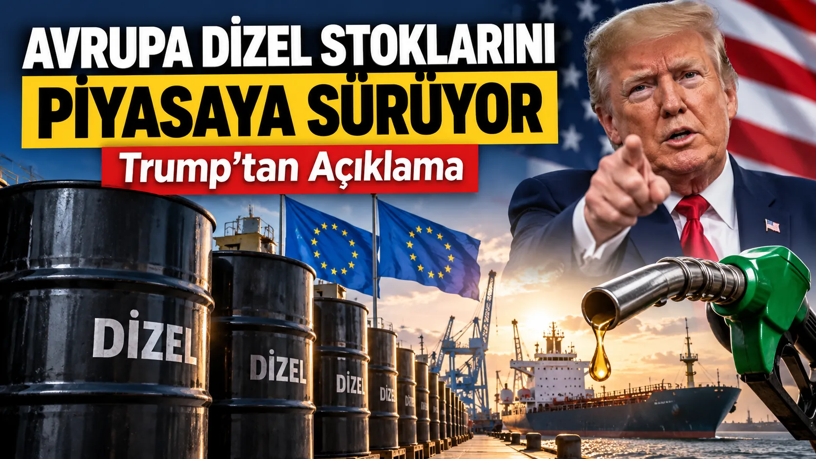 Avrupa’da dizel yakıt stoklarının serbest bırakılması ve petrol arzı gelişmesini gösteren finans görseli