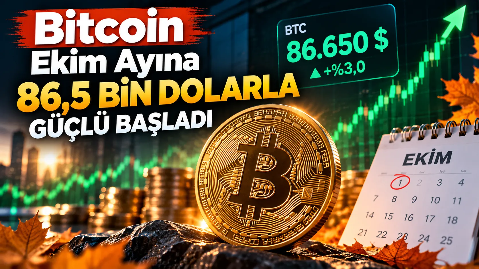 Bitcoin’in ekim ayına 86,5 bin dolar seviyesine yükselerek güçlü başlangıcını gösteren kripto para görseli