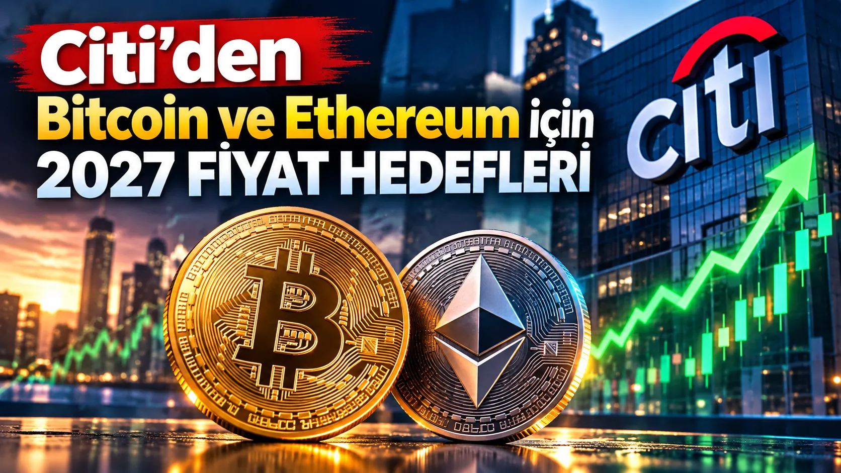 Citi’nin Bitcoin ve Ethereum için açıkladığı 2027 fiyat hedeflerini gösteren kripto para görseli