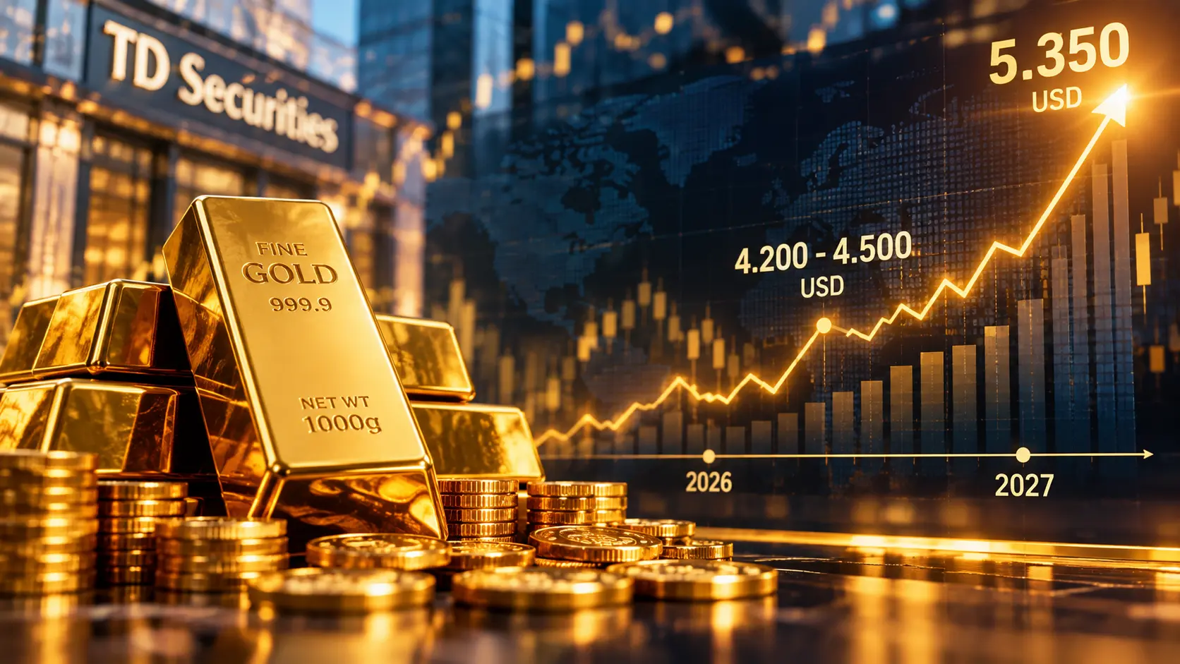 TD Securities’in altın fiyatları için 2027 tahminini gösteren altın ve finans grafiği