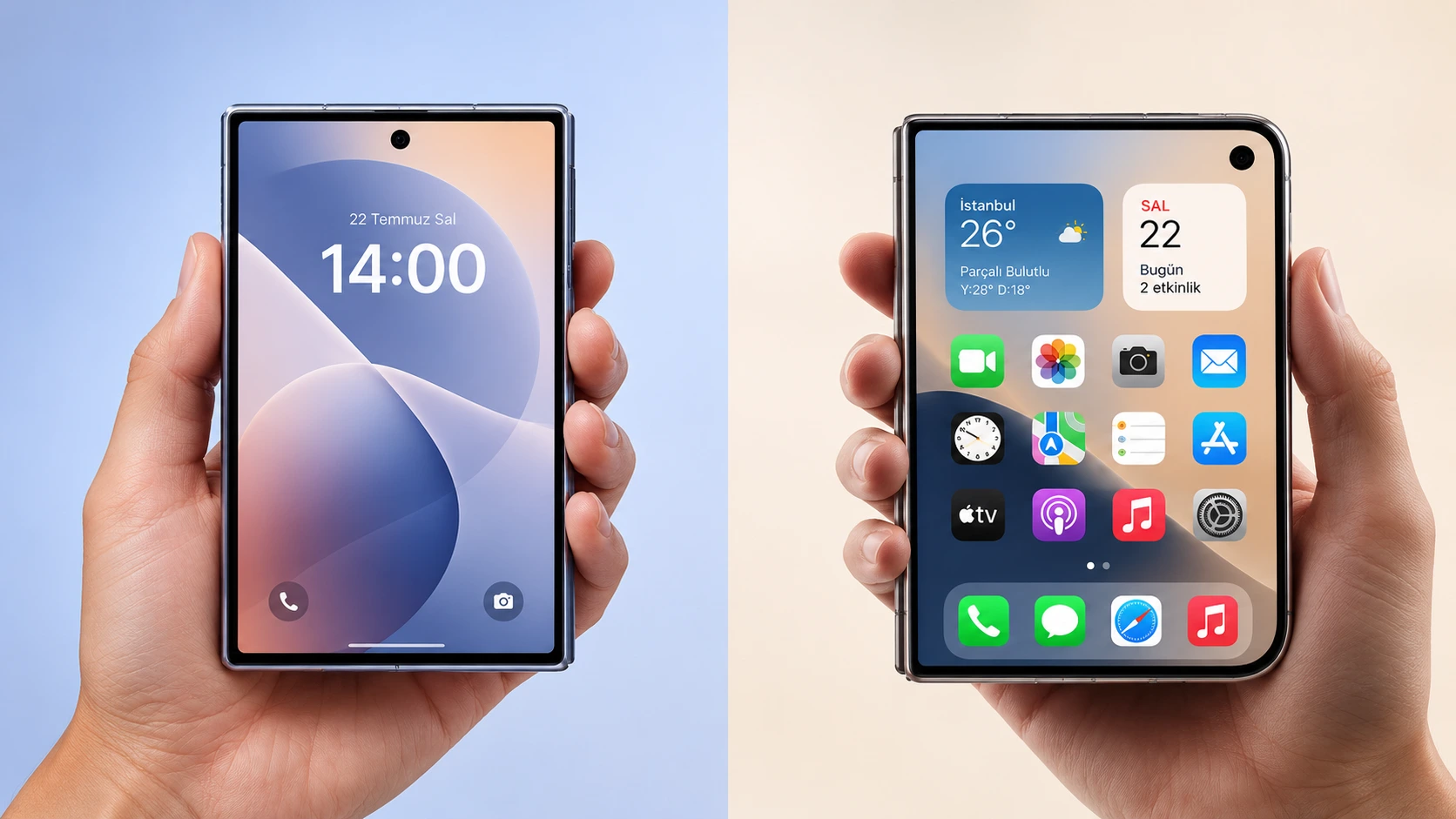Katlanabilir iPhone ve Android telefonların teknoloji rekabetini temsil eden görsel