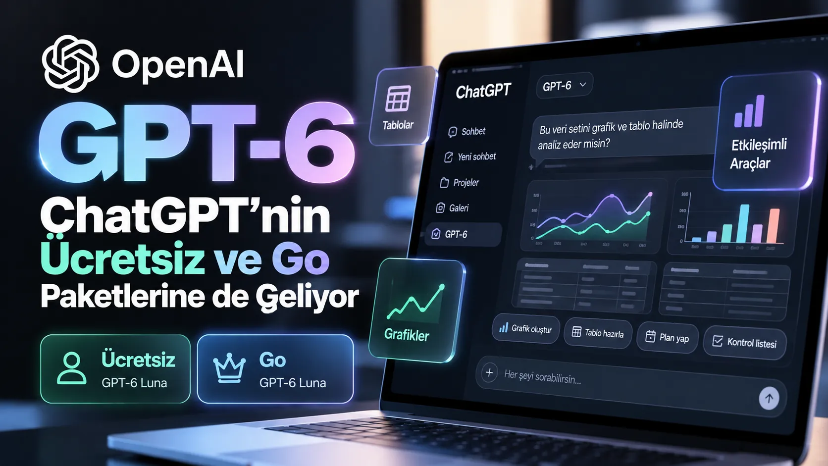 GPT-6 destekli ChatGPT arayüzünde etkileşimli grafikler, tablolar ve yapay zeka araçları
