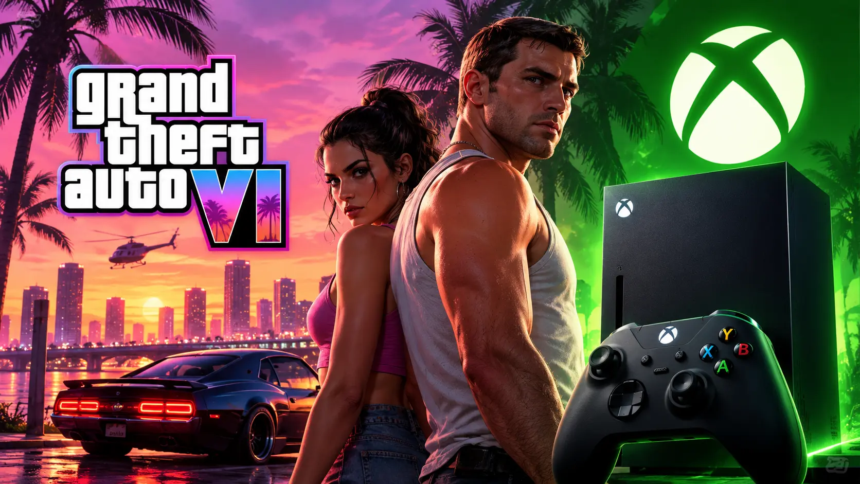GTA 6 ön siparişleri ve Xbox platformunu gösteren oyun temalı görsel