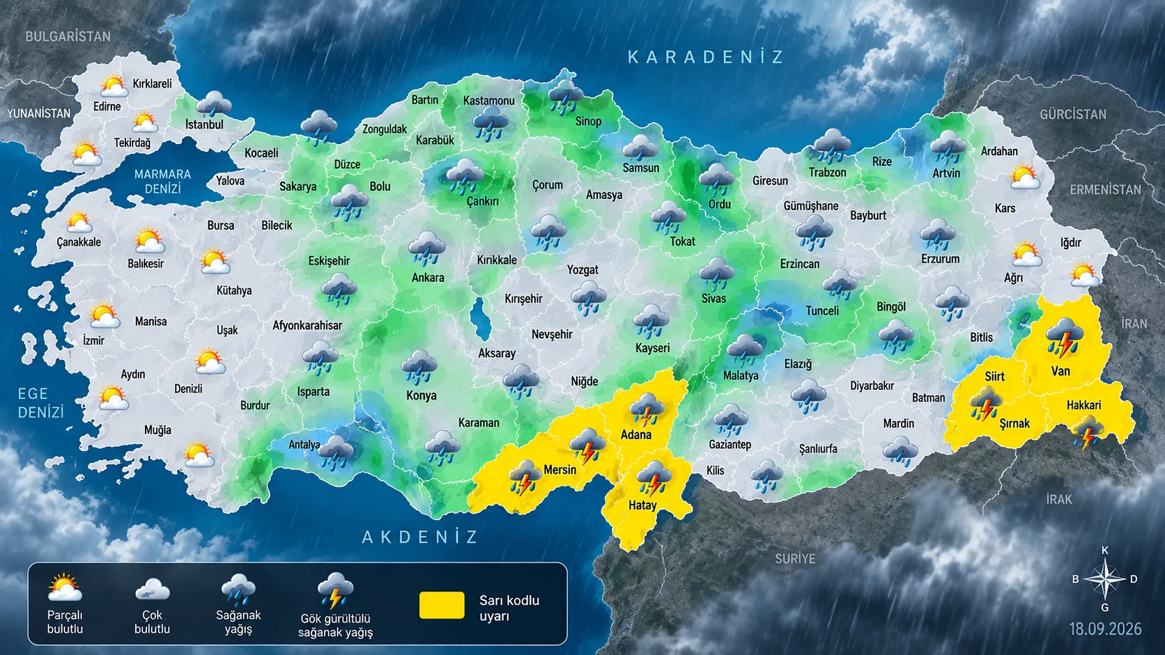 Türkiye genelinde yağış durumu ve sarı kodlu meteorolojik uyarıları gösteren hava durumu haritası