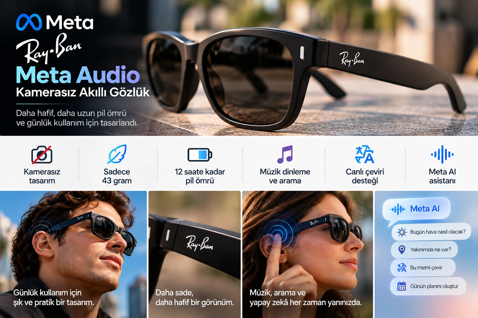 Meta Ray-Ban Audio kamerasız akıllı gözlük ve Meta AI özellikleri