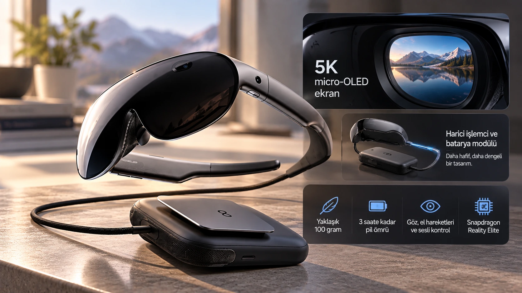Meta VR Glasses 5K ekran, harici işlemci ve batarya modülü