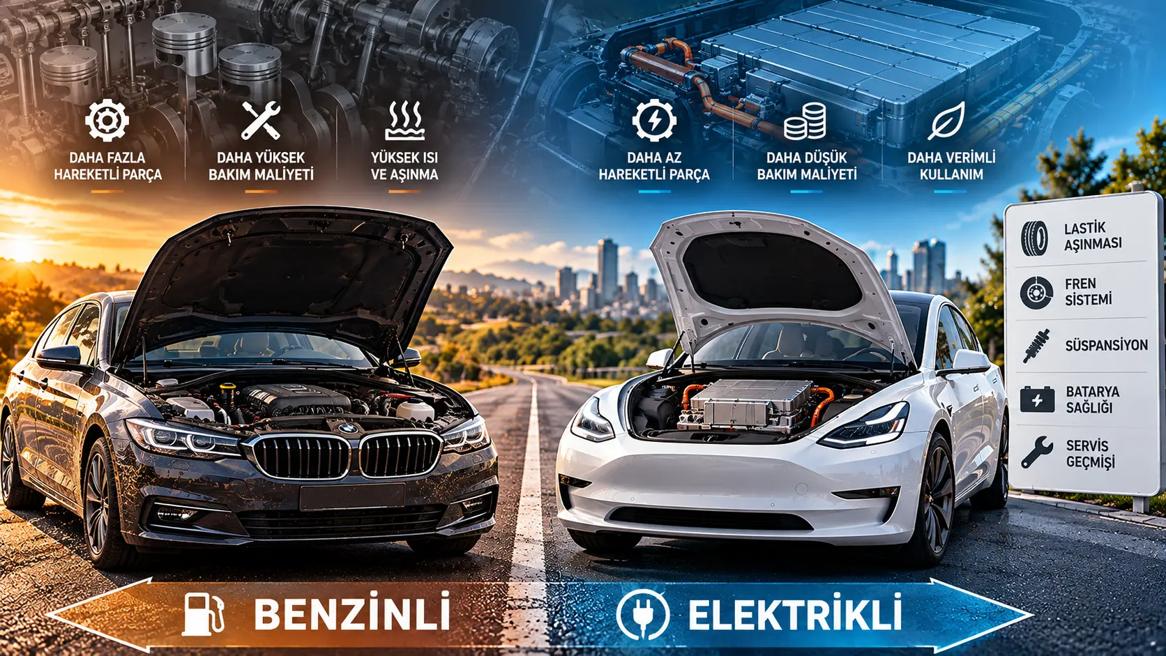 Yüksek kilometreli benzinli ve elektrikli araçların motor, bakım, batarya ve dayanıklılık açısından karşılaştırılması