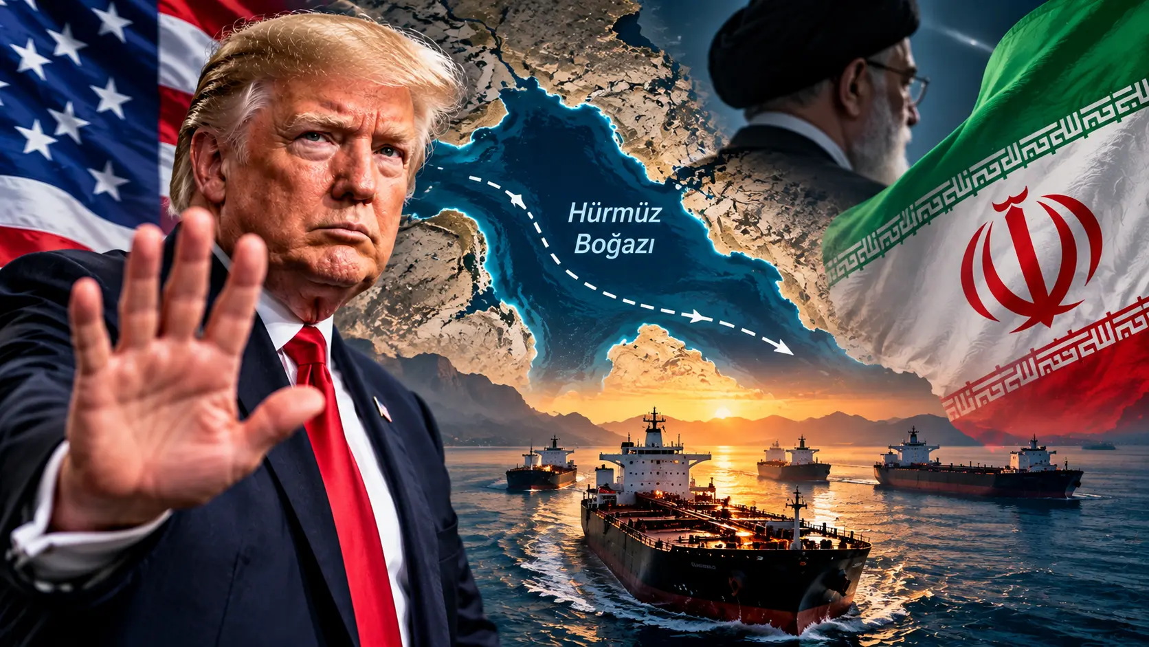 Trump ve İran arasında Hürmüz Boğazı üzerinden yaşanan gerilimi gösteren haber görseli