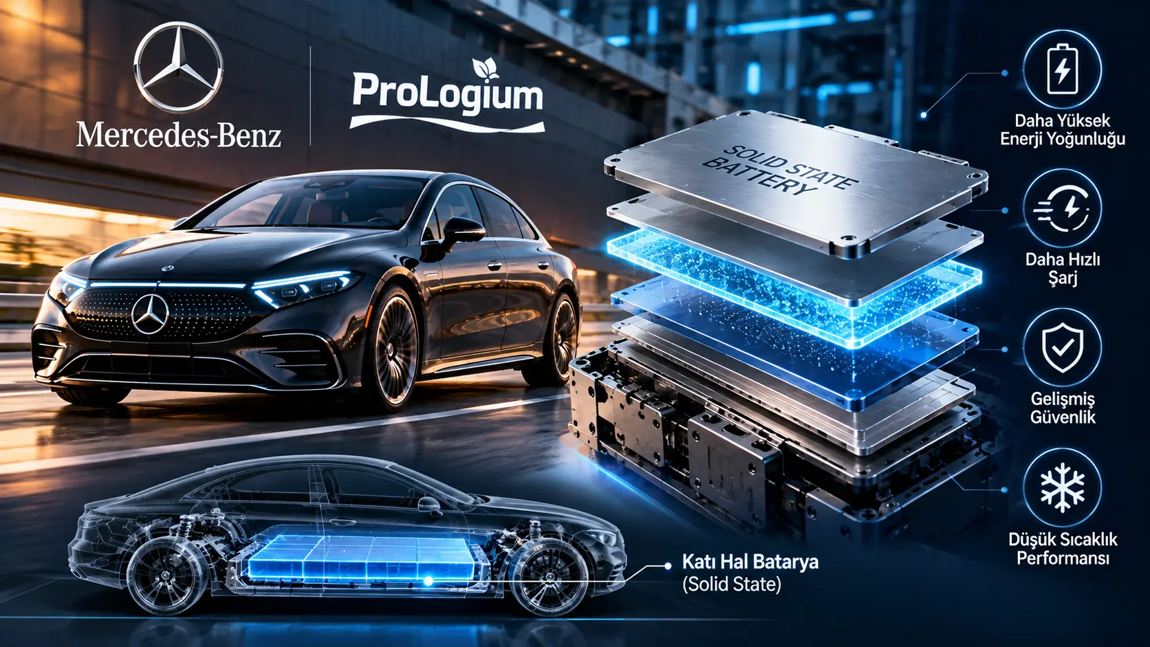 Mercedes-Benz ve ProLogium’un katı hal batarya teknolojisini ve elektrikli otomobillerdeki kullanım potansiyelini gösteren görsel