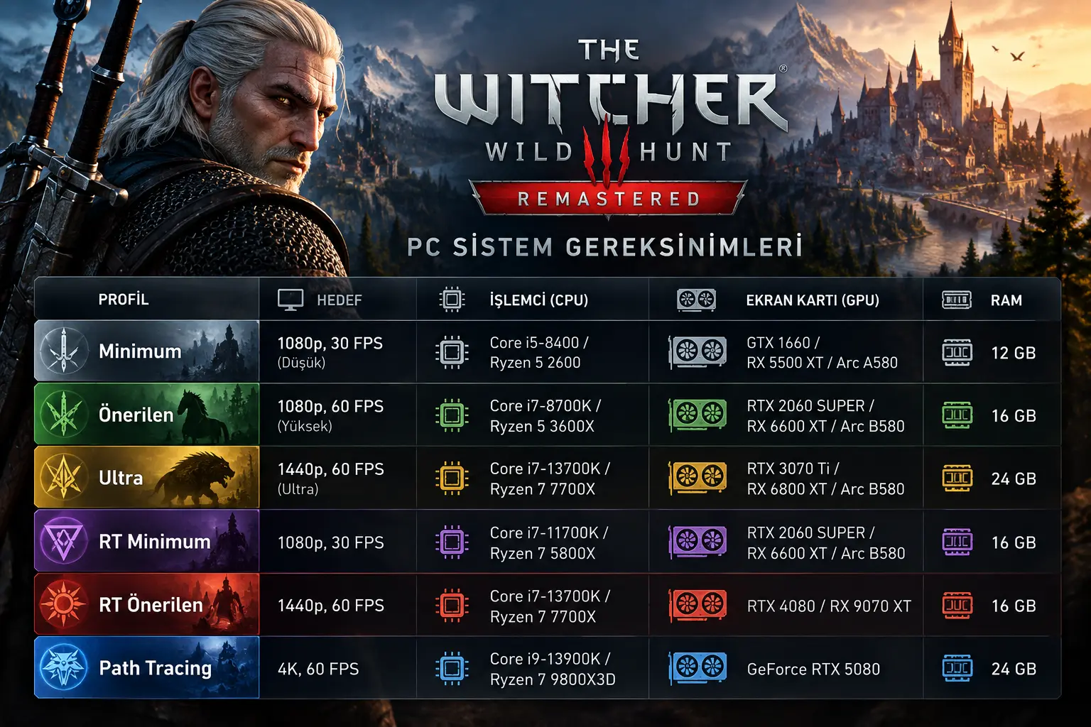 The Witcher 3 Remastered PC sistem gereksinimlerini gösteren minimum, önerilen, ultra ve ışın izleme donanım tablosu