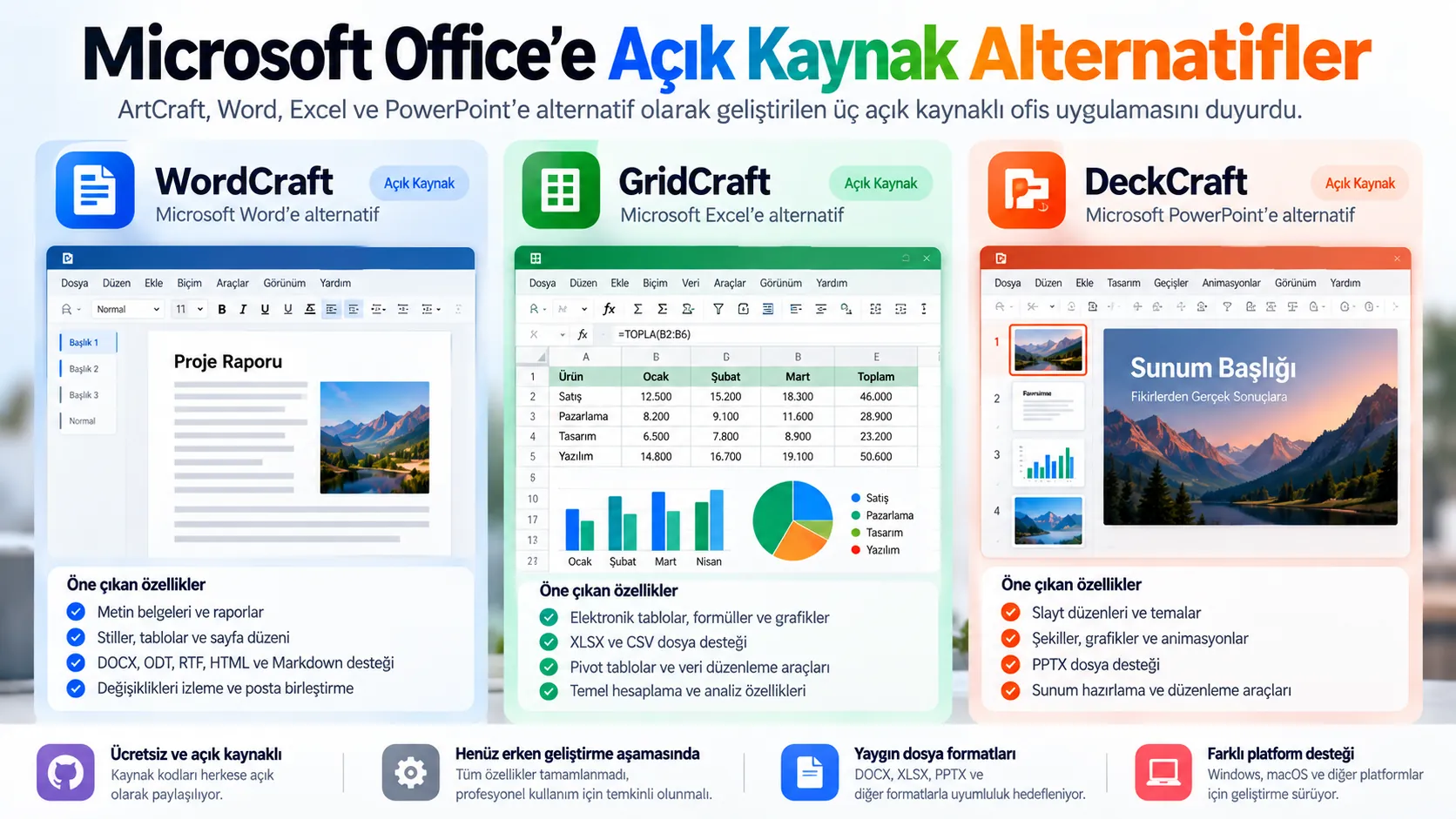 microsoft office acik kaynak alternatifleri wordcraft gridcraft deckcraft infografik