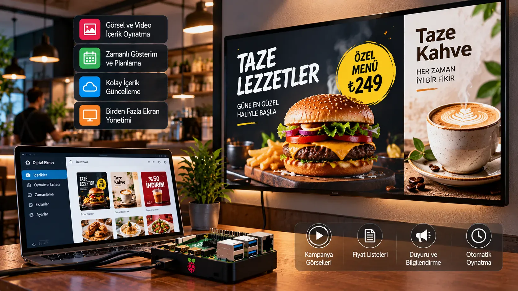 raspberry pi isletmeler icin dijital reklam ekrani 1