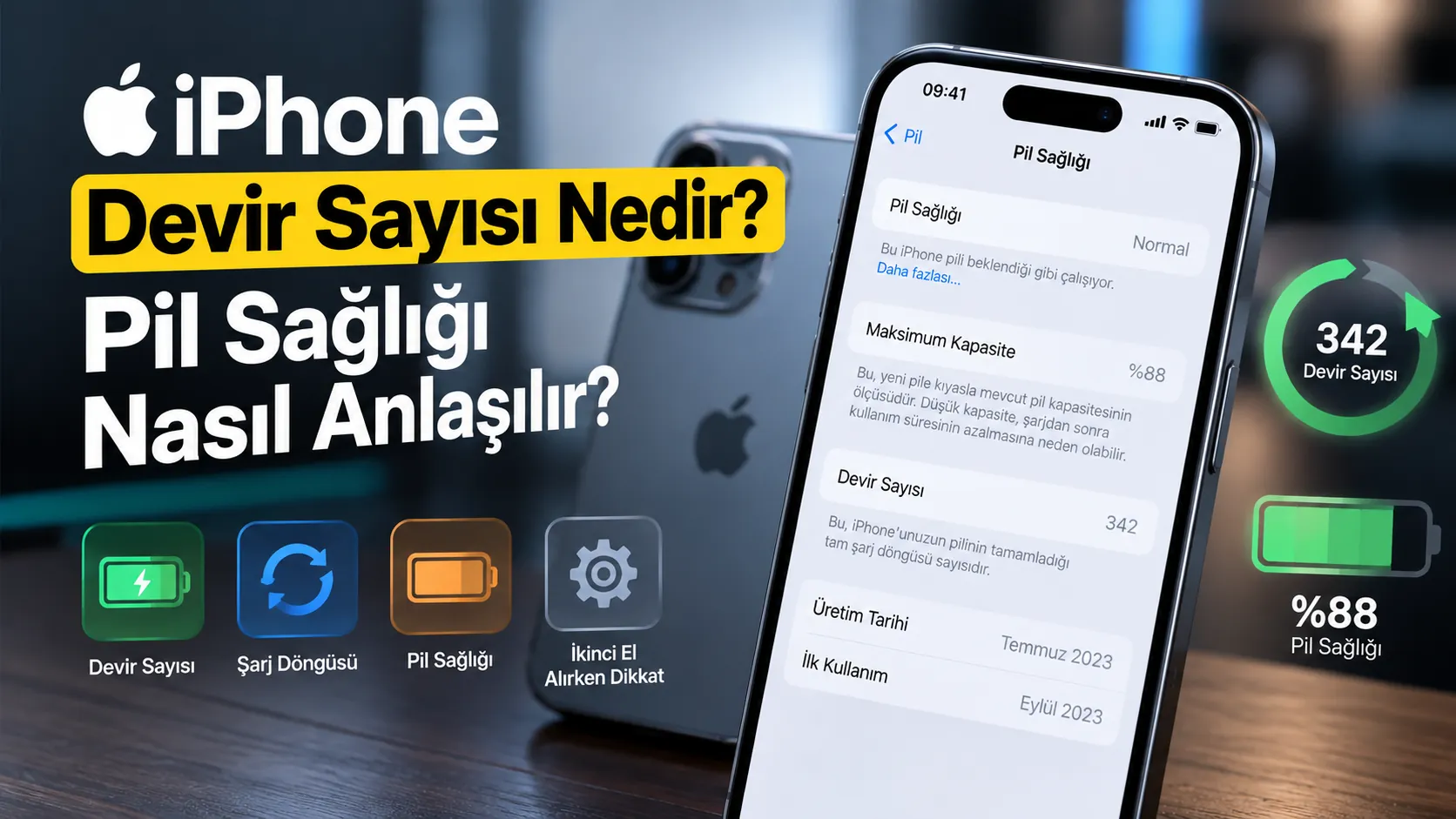 iPhone pil sağlığı ve şarj döngüsü devir sayısını gösteren akıllı telefon ekranı