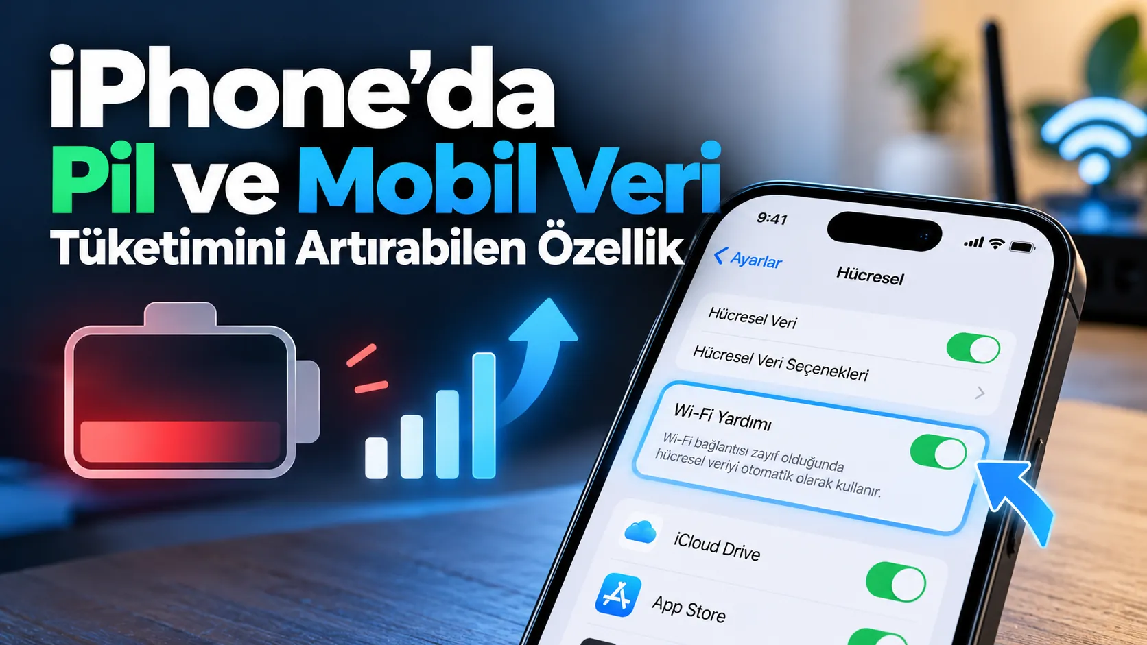 iPhone ekranında pil ve mobil veri kullanım ayarlarını gösteren akıllı telefon görseli