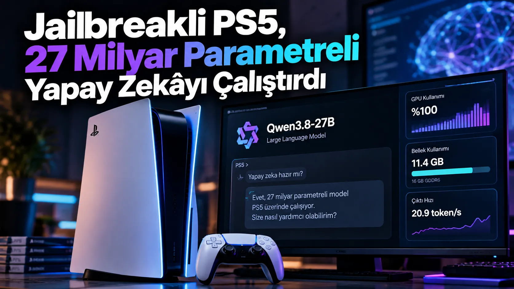 Jailbreak uygulanmış PlayStation 5 konsolunda çalışan 27 milyar parametreli yapay zekâ modelini temsil eden teknoloji görseli