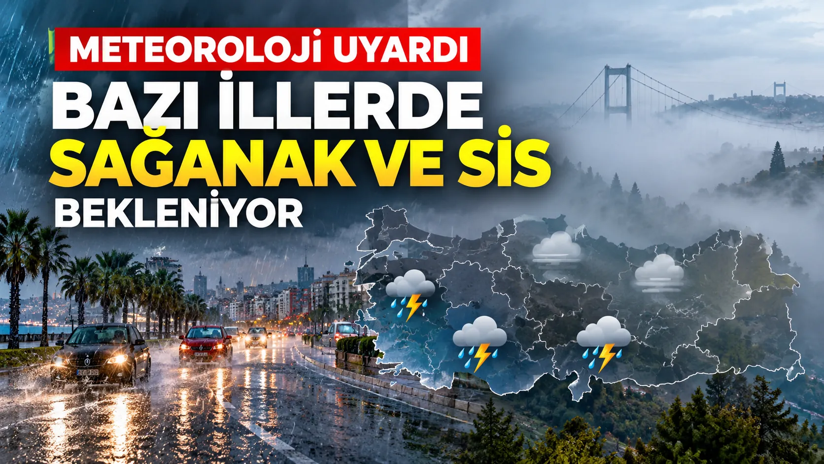 Türkiye'de beklenen sağanak yağış ve sisli hava koşullarını gösteren meteoroloji temalı görsel