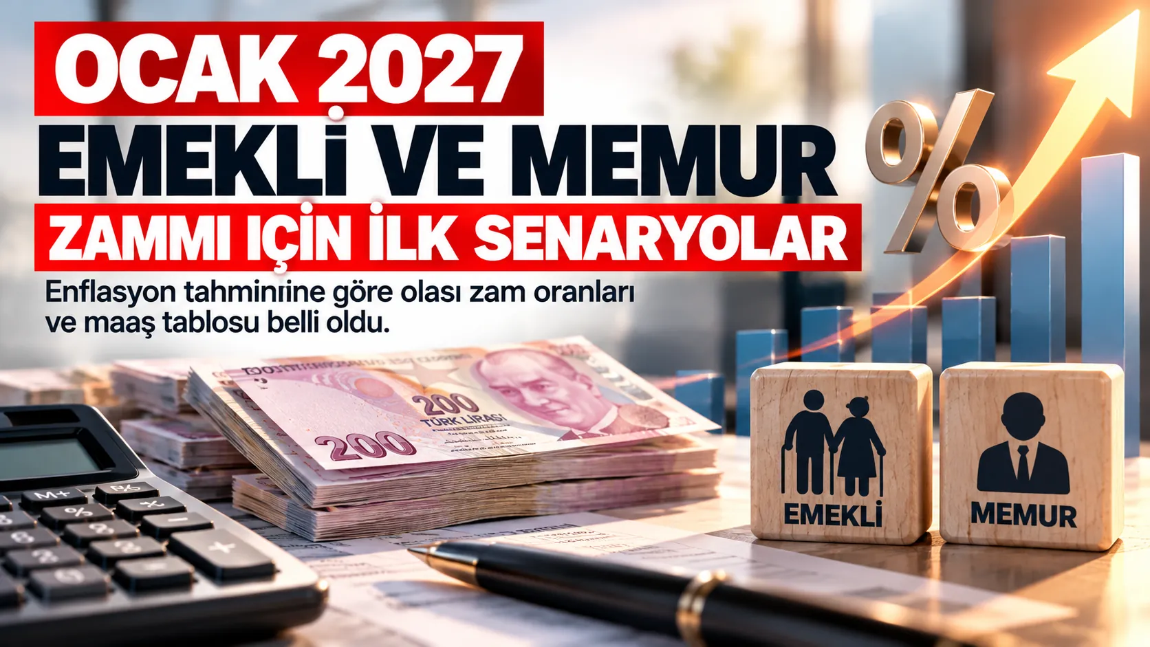 Ocak 2027 emekli ve memur maaş zammı senaryolarını gösteren maaş hesaplama tablosu