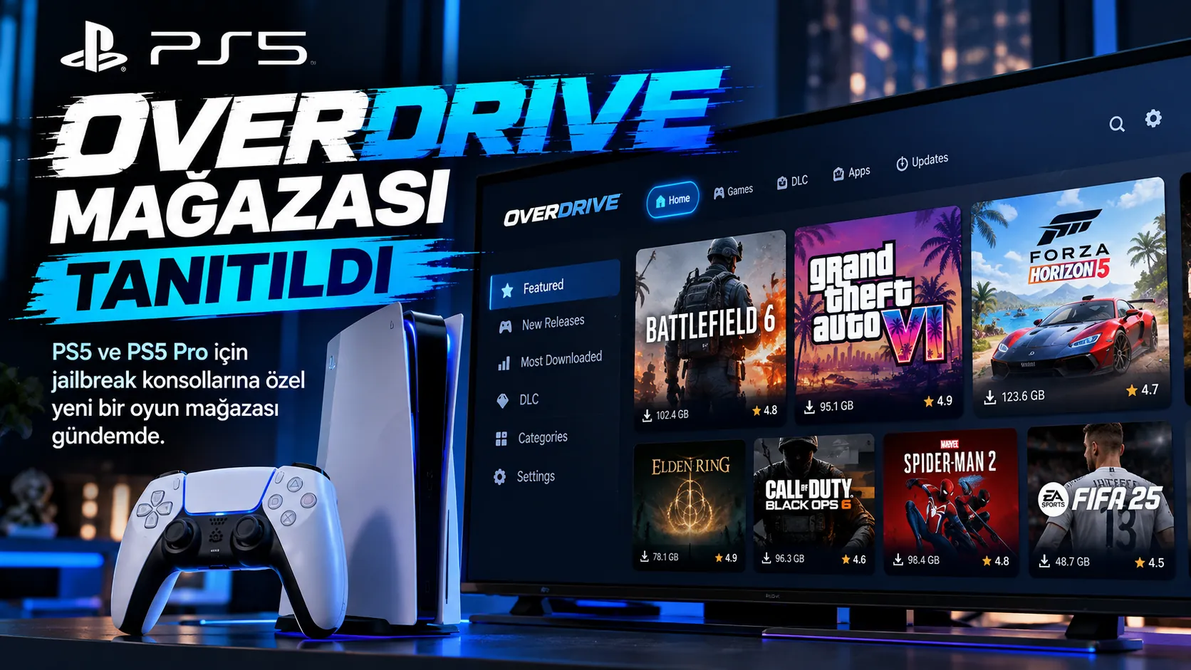 PS5 jailbreak konsolları için tanıtılan Overdrive dijital oyun mağazası