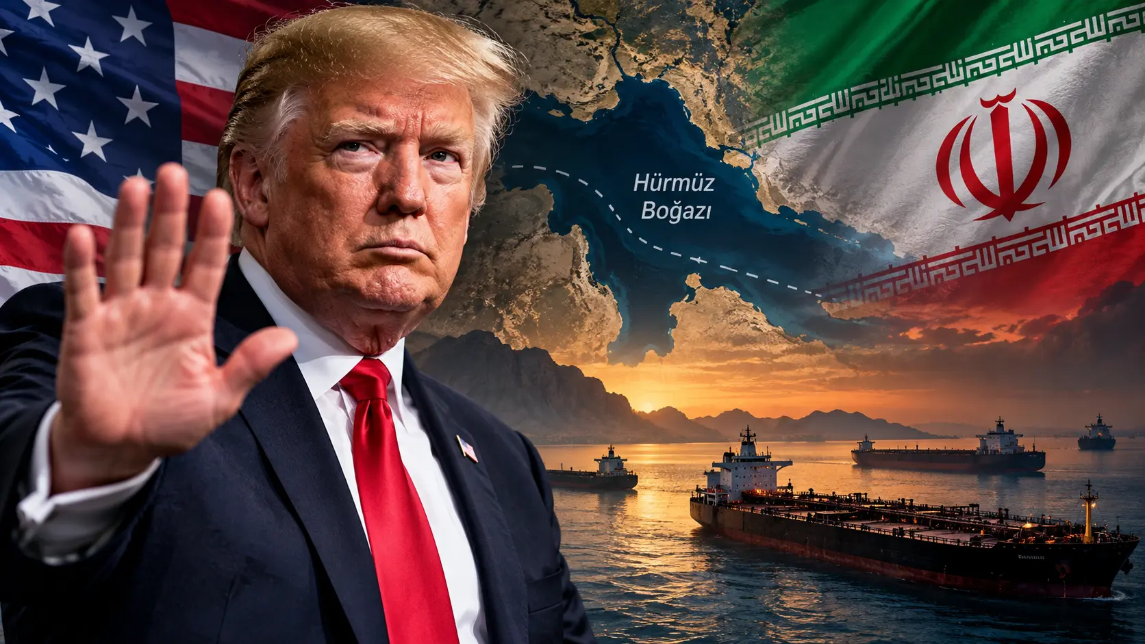 Donald Trump’ın İran’ın 7 günlük teklifini reddetmesi ve Hürmüz Boğazı’ndaki gerilimi gösteren haber görseli