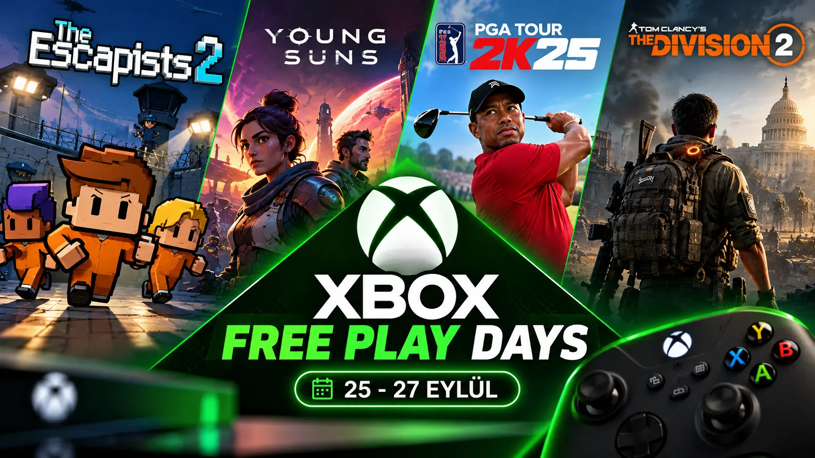 Xbox Free Play Days kapsamında 25-27 Eylül arasında ücretsiz oynanabilen oyunları gösteren görsel