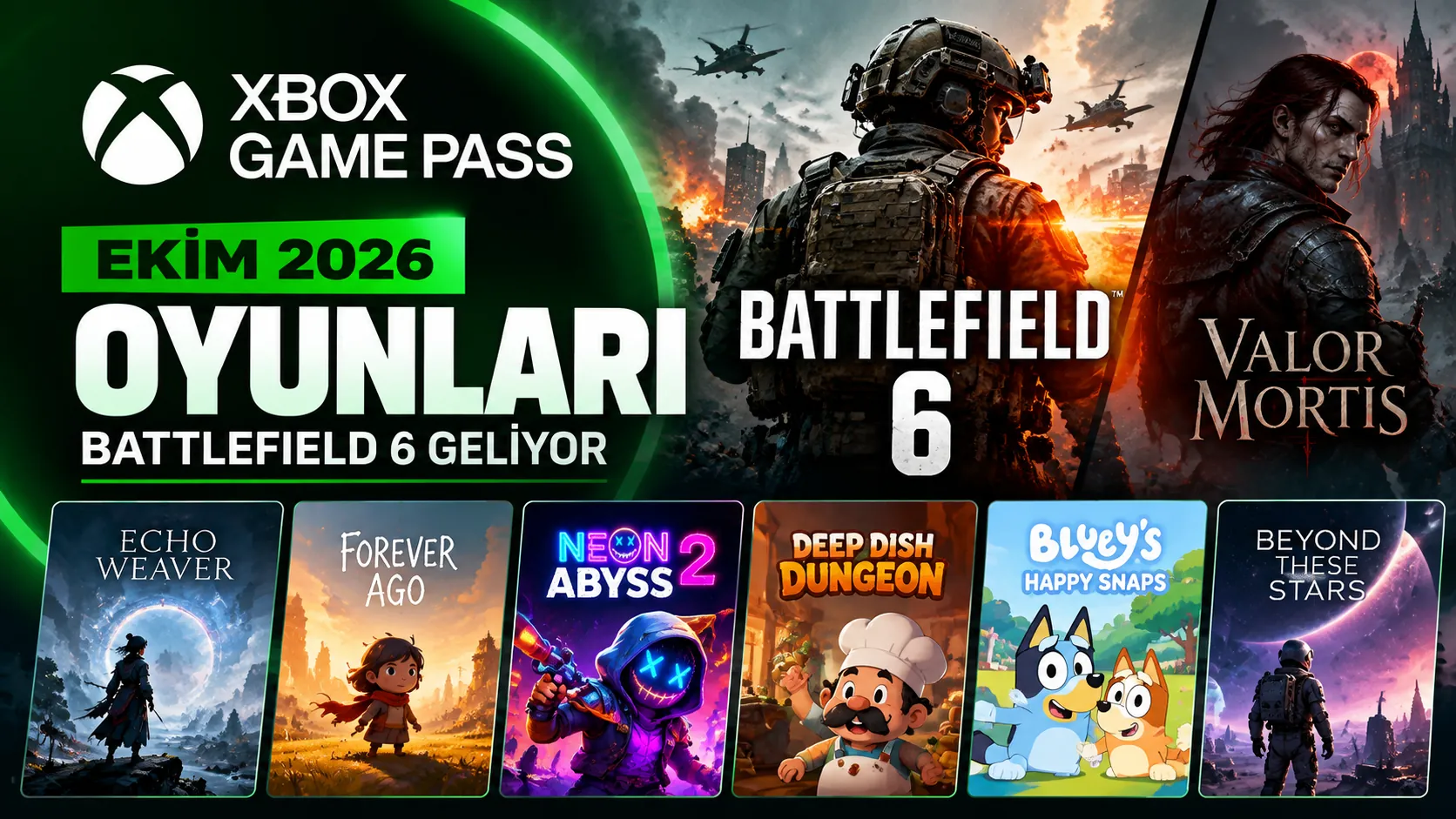 Xbox Game Pass Ekim 2026 oyunları, Battlefield 6 ve yeni oyunları temsil eden oyun konsolu görseli