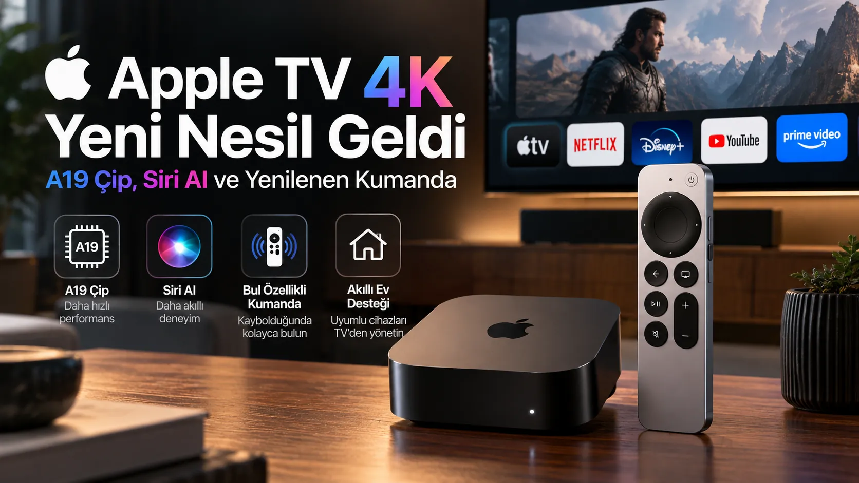 Yeni Apple TV 4K cihazı, A19 işlemci, Siri AI ve Bul özellikli Siri Remote kumandası