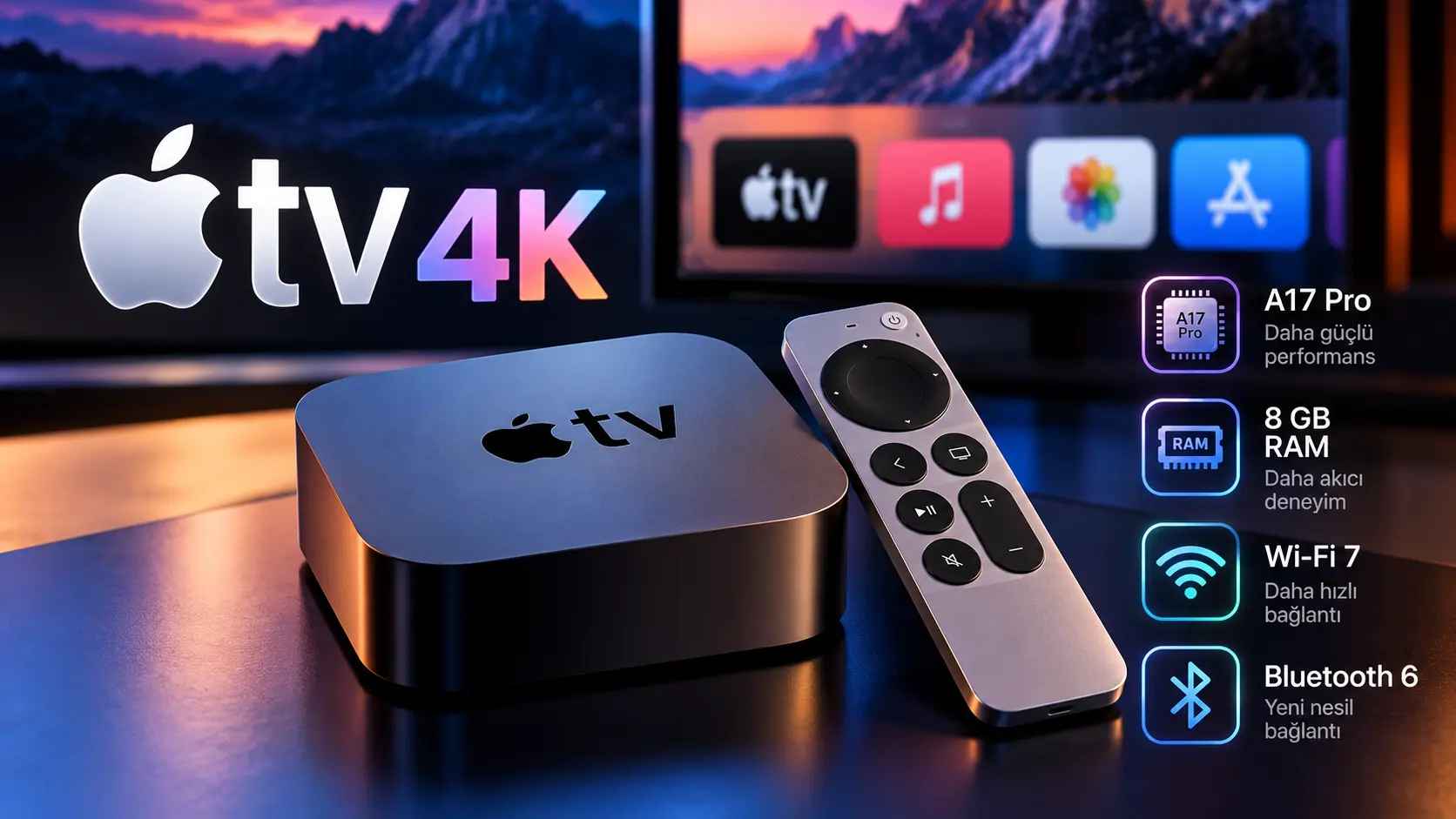 Yeni nesil Apple TV 4K modelinin sızdırılan özelliklerini gösteren teknoloji görseli