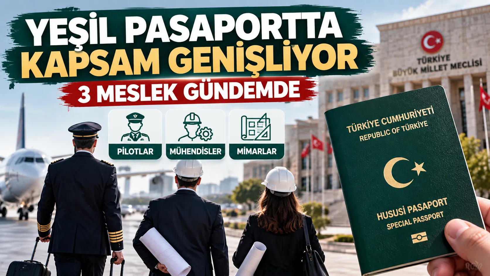 Yeşil pasaport kapsamının genişletilmesine yönelik pilot, mühendis ve mimarları içeren kanun tekliflerini gösteren görsel