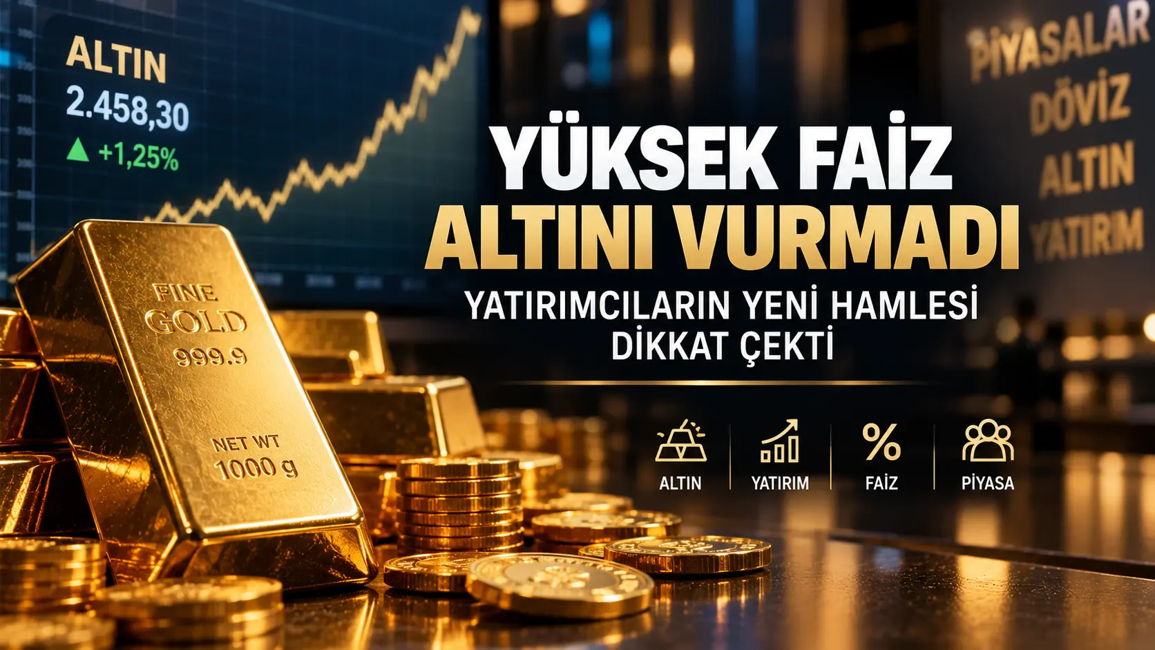 Yüksek faiz ortamına rağmen altın yatırımlarına devam eden yatırımcıları gösteren finans piyasası görseli