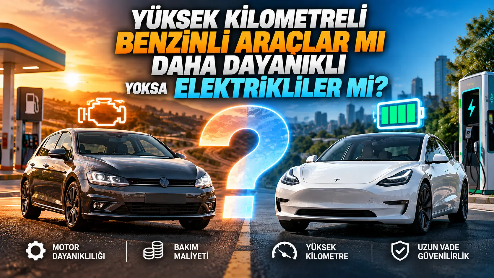 Yüksek kilometreli benzinli ve elektrikli otomobillerin dayanıklılık karşılaştırmasını gösteren görsel